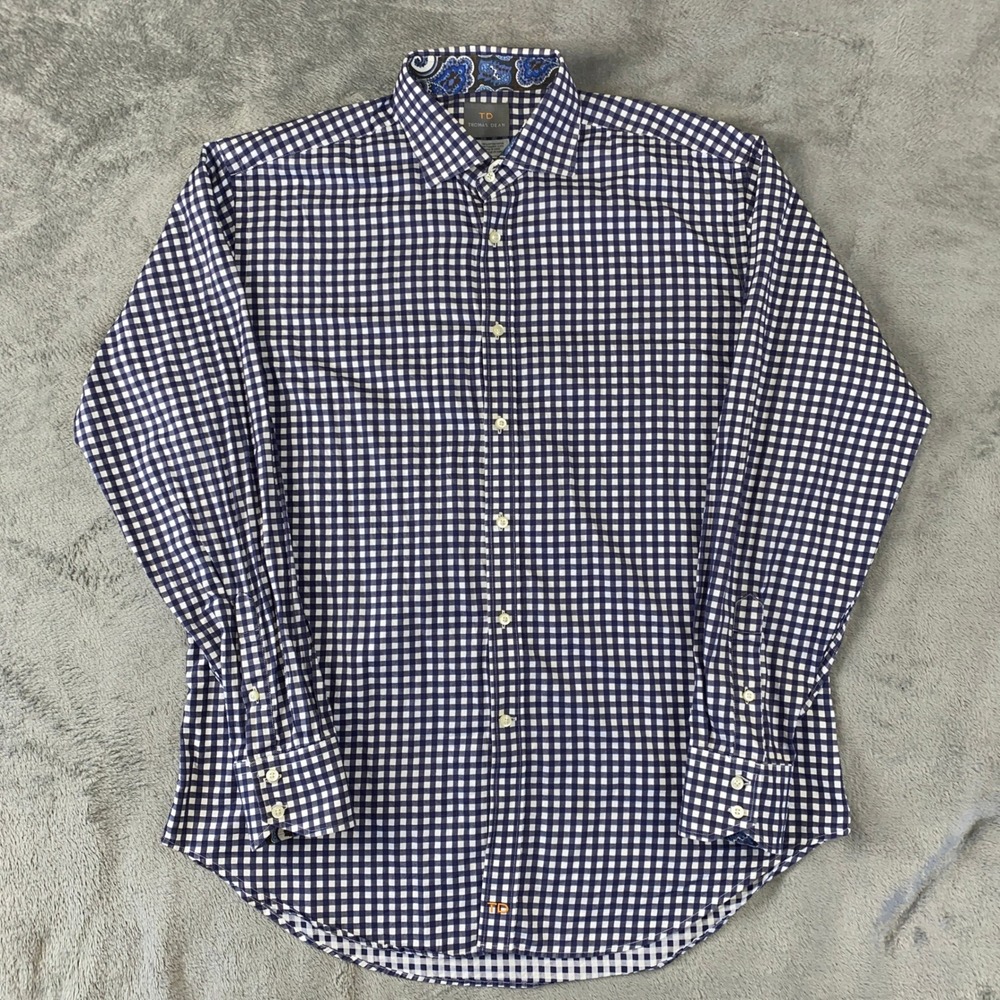 Thomas Dean Shirt Mens L Navy Blue Gingham Paisley Trim Shirtmakers Cloth Office